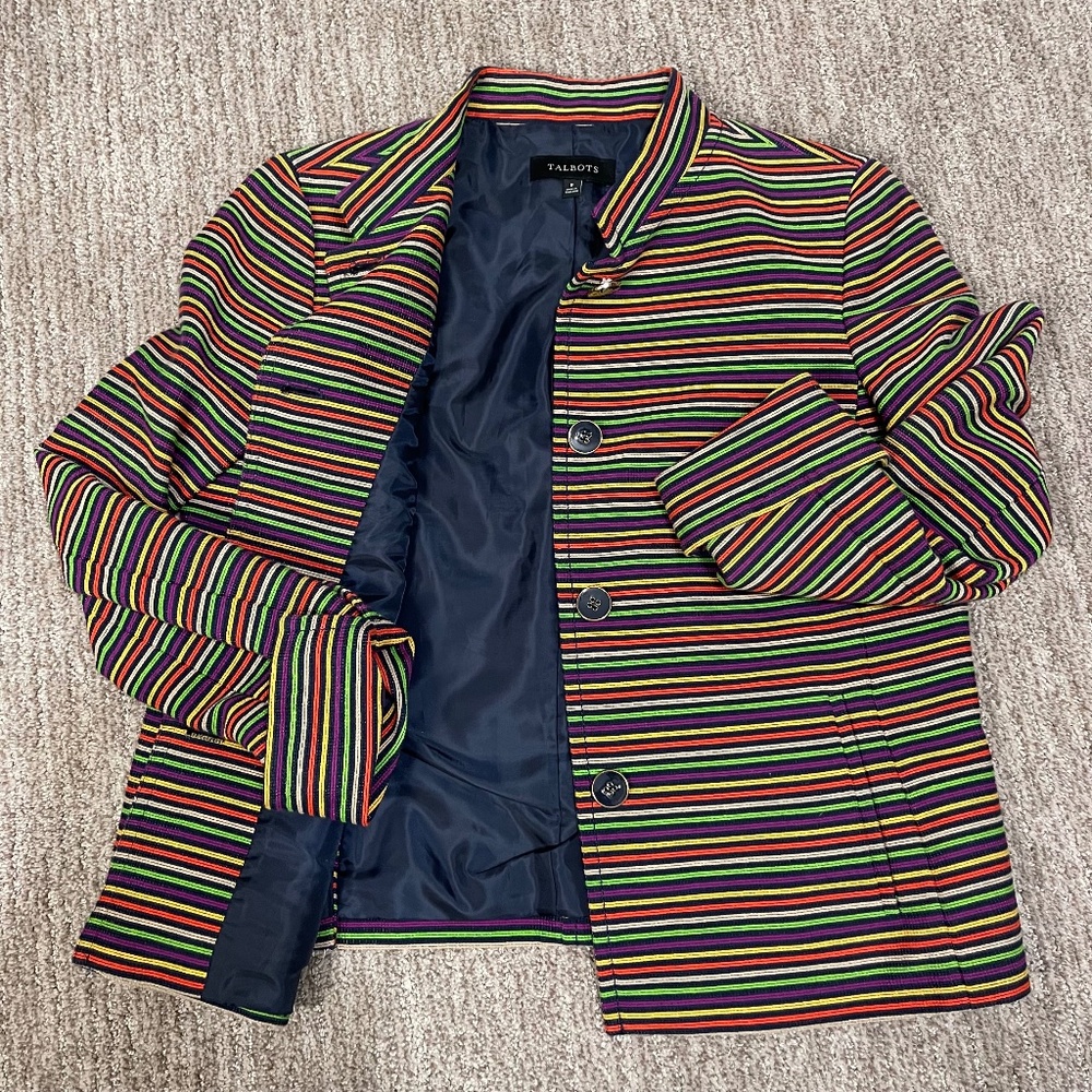 Talbots Retro Striped Metallic Thread Mandarin Collar Jacket – Size 8